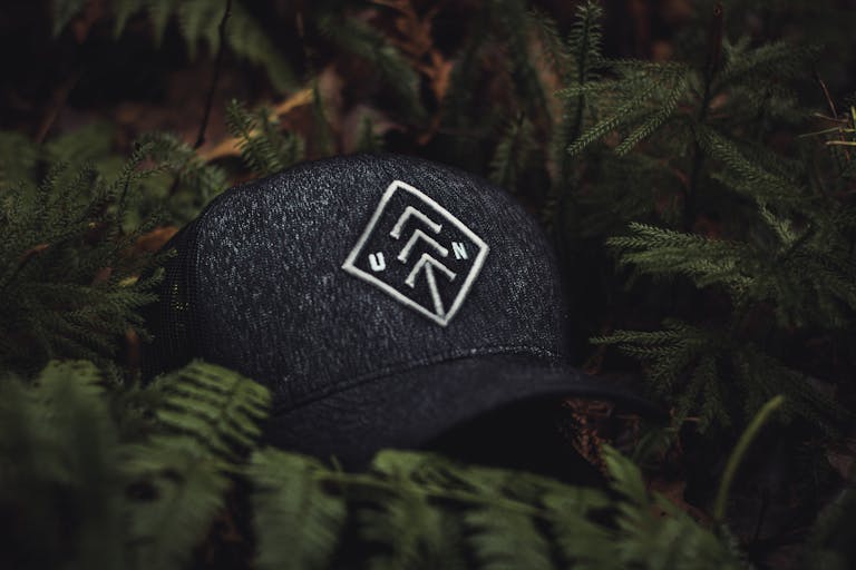 USA Clothing Brand Close-up of a dark baseball cap with an embroidered design nestled among green ferns, creating a nature-themed concept.