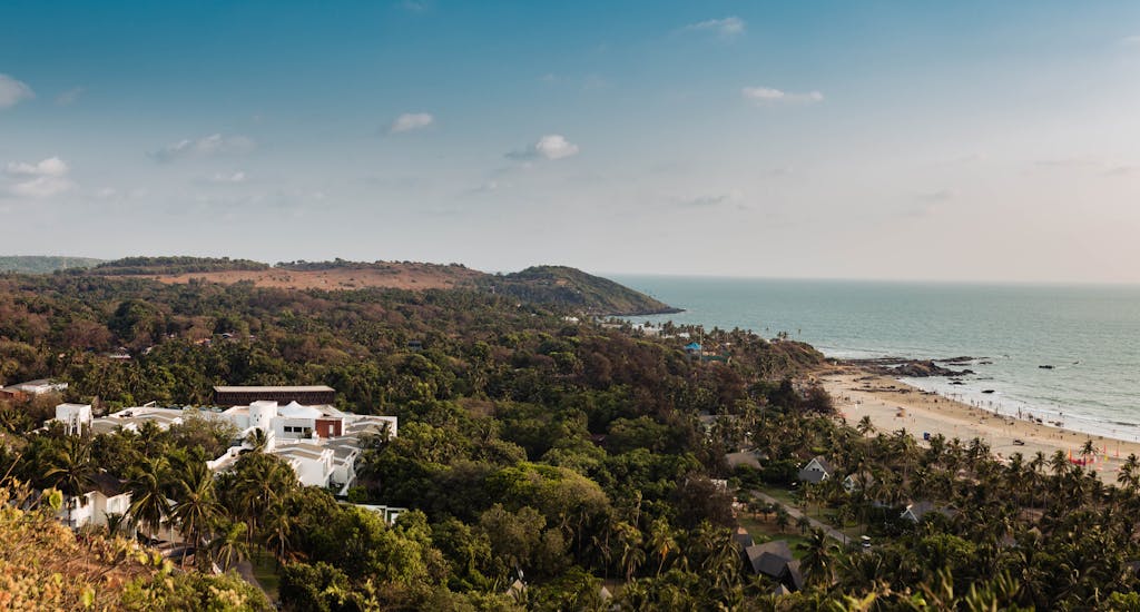 GotAnyNudes Scenic aerial view of Mandrem Beach in Goa, India, featuring lush greenery and coastline.