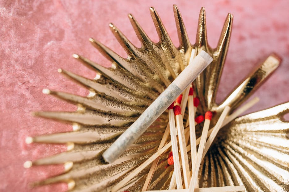  Shani Levni A golden ashtray holding a cannabis joint and red-tipped matches on a textured pink background.