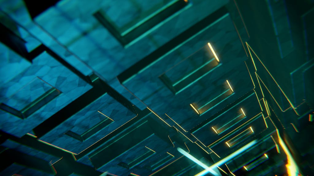 The Techno Tricks                Abstract digital art featuring futuristic geometric patterns with vibrant neon lighting.