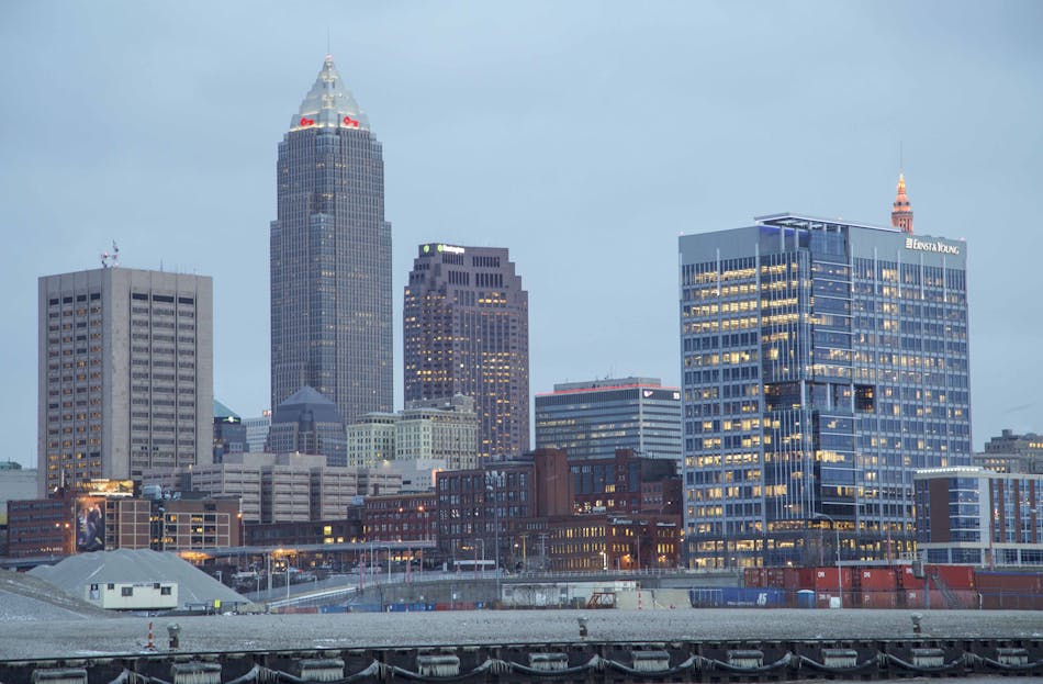 Lewis Center Ohio Champion Trees Captivating view of Cleveland's downtown skyline showcasing modern architecture and illuminated buildings.