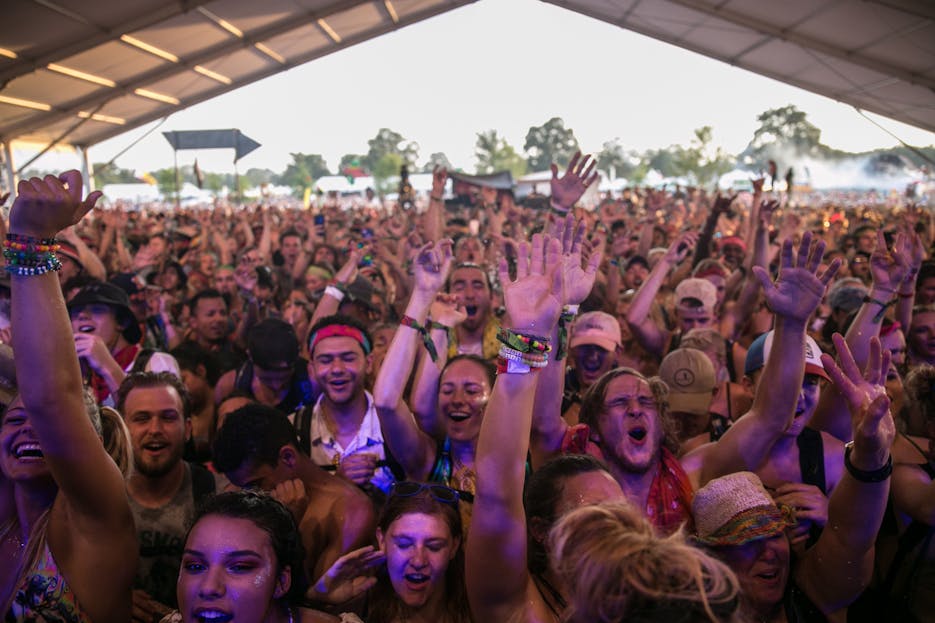 Buscrs Excited crowd enjoying a vibrant music festival under a tent during the day.