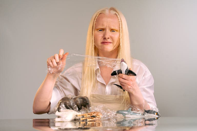 NovaPG Teenage girl with blonde hair unwrapping toy figurines, showing curiosity and expression.