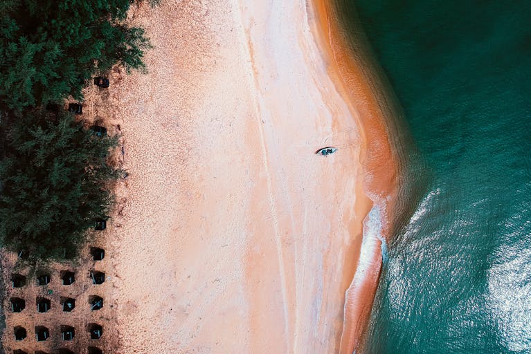 messagenal Top-down view of a sandy beach with lush trees and ocean waves lapping the shore.