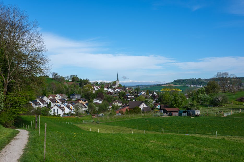 Enntal Charming village landscape in Niederweningen, Zürich, with lush green fields and blue sky.