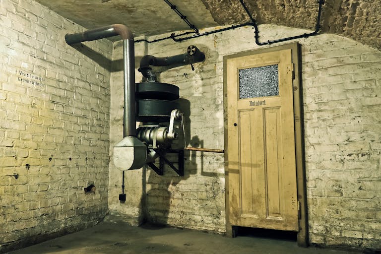 Crackstube Explore an abandoned underground air raid shelter with vintage machinery and a wooden door.